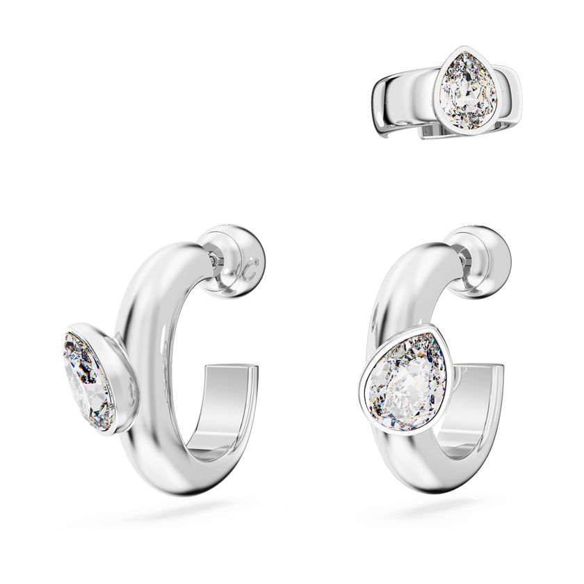 swarovski dextera hoop earrings with ear cuff  set  3   pear cut  white  rhodium plated