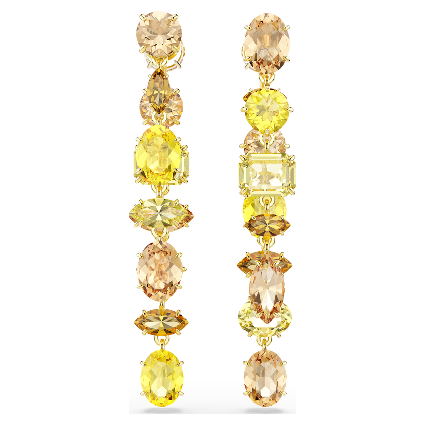 swarovski gema drop earrings  asymmetrical design  mixed cuts  long  yellow  gold tone plated