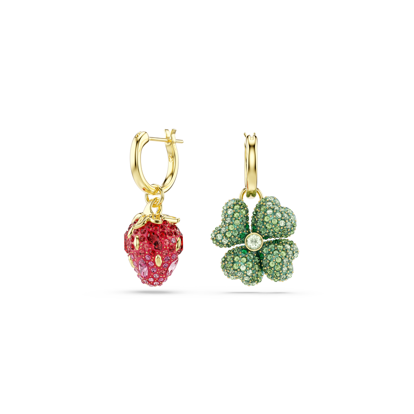 swarovski idyllia drop earrings  set  3   ladybug  clover  strawberry  multicolored  18k gold finish