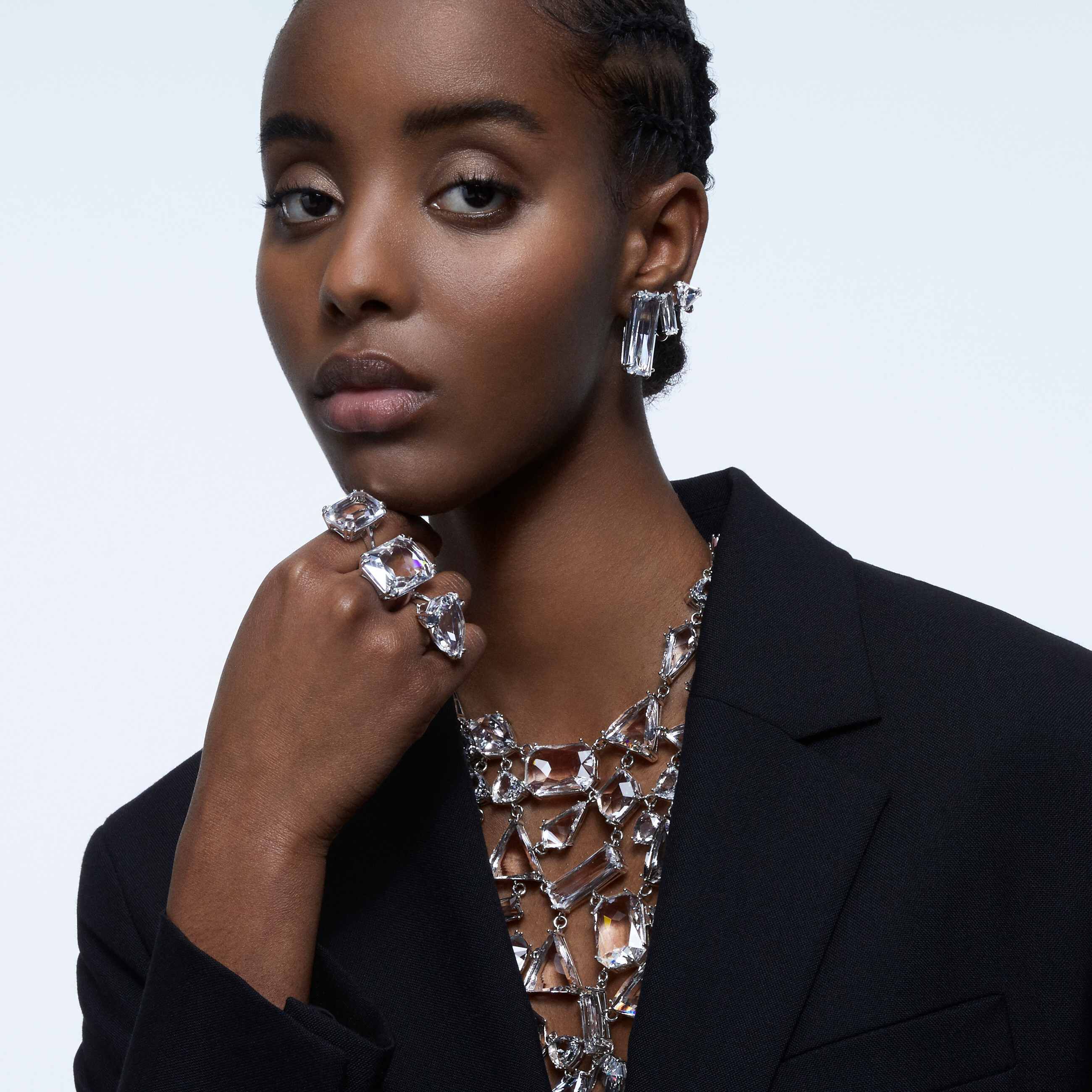 swarovski mesmera clip earring  single  baguette cut crystal  white  rhodium plated