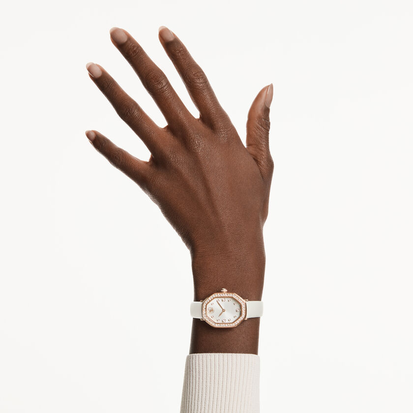 swarovski ساعة dextera octagon، صناعة سويسرية، سوار جلد، لون أبيض، لمسة نهائية بلون ذهبي وردي