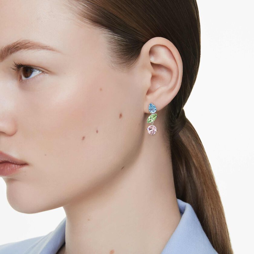 swarovski gema drop earrings  asymmetrical design  mixed cuts  multicolored  rhodium plated