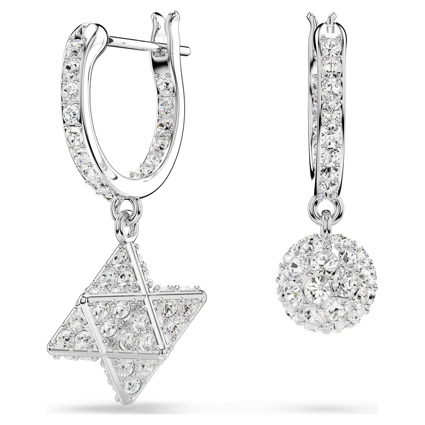 swarovski dextera drop earrings  asymmetrical design  round cut  star and sphere  white  rhodium plated