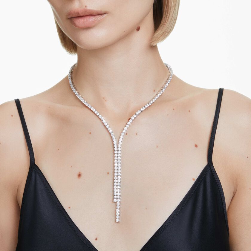 swarovski عقد matrix على شكل حرف y، قطع مُستدير، لون أبيض، طلاء روديوم
