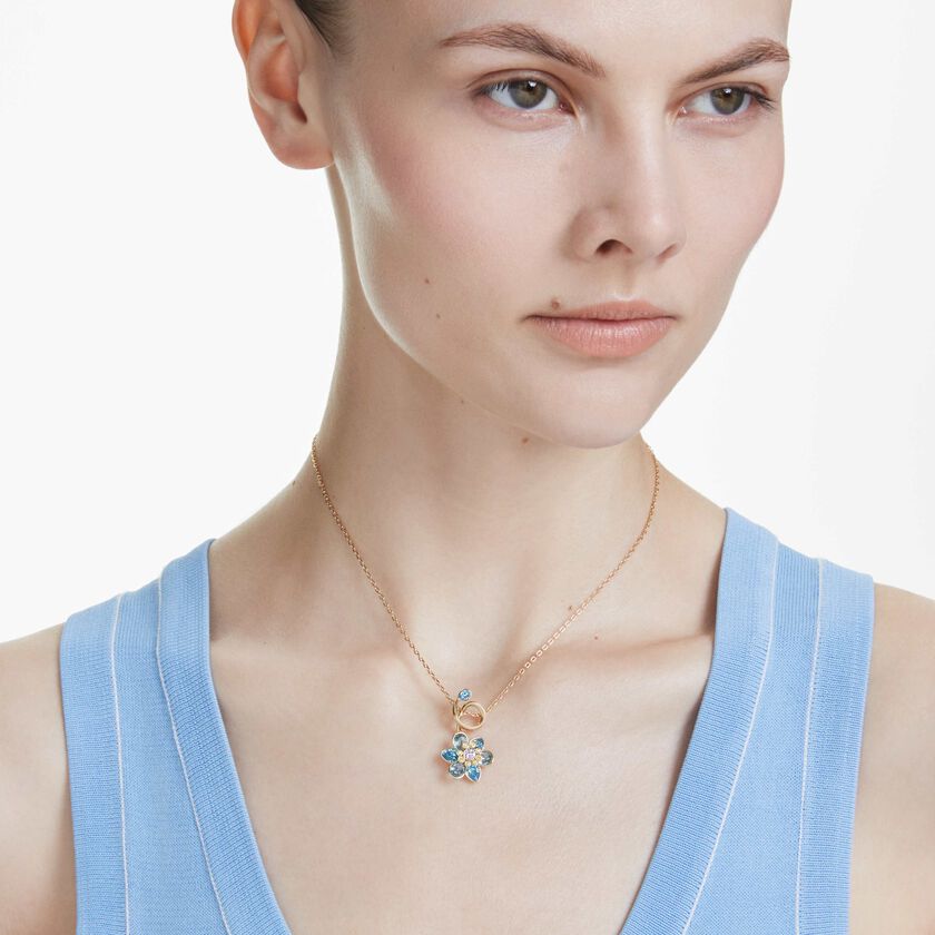 swarovski idyllia pendant  mixed cuts  flower  blue  gold tone plated