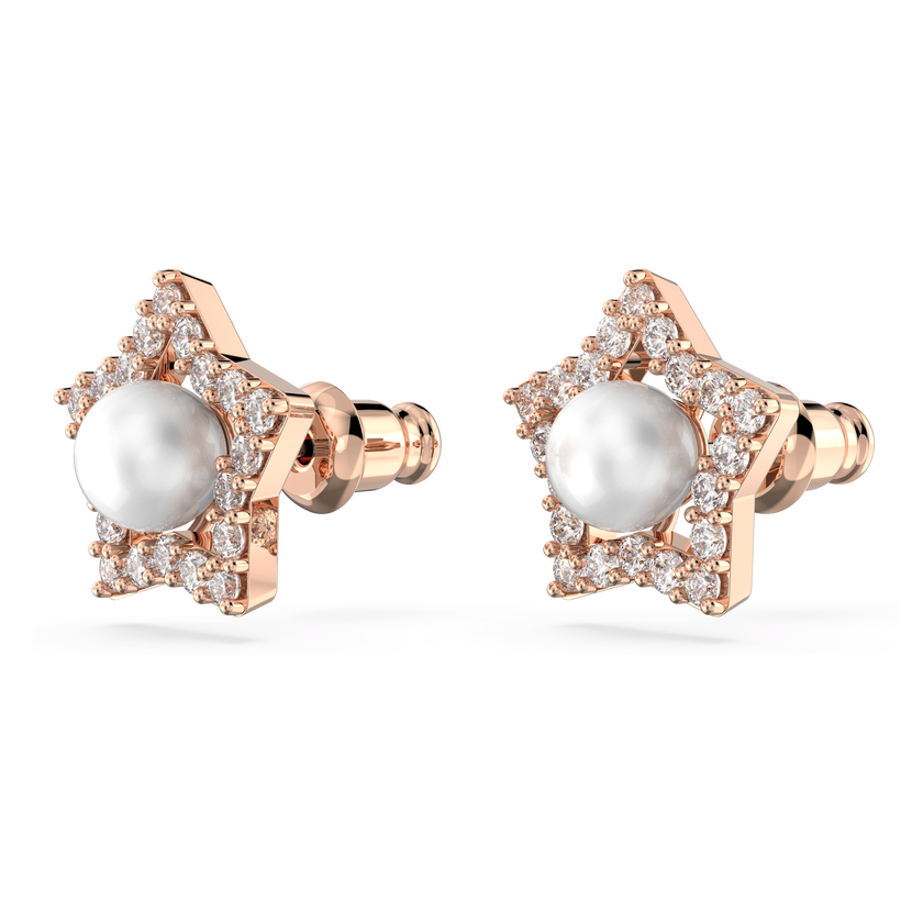 swarovski stella stud earrings  crystal pearls  star  white  rose gold tone plated