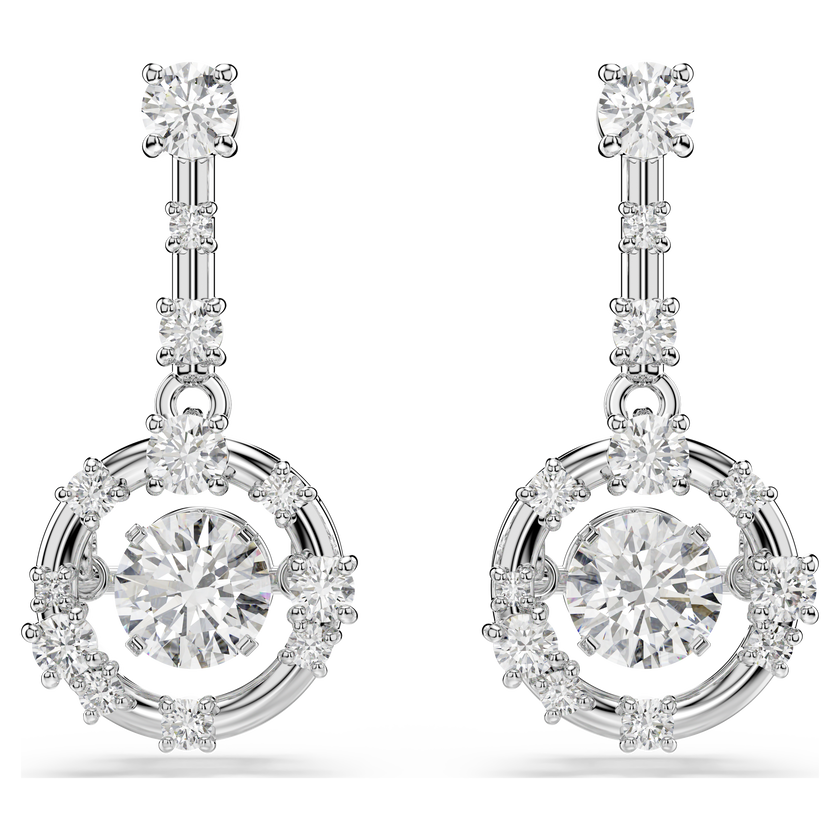 swarovski constella drop earrings  round cut  dancing stone  white  rhodium plated
