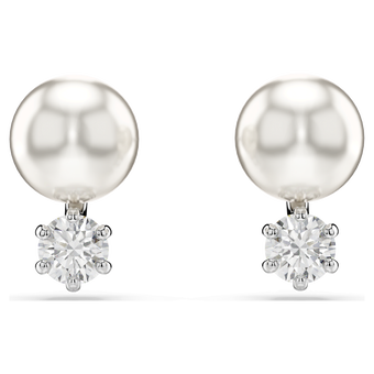 swarovski matrix stud earrings  crystal pearl  round cut  white  rhodium plated
