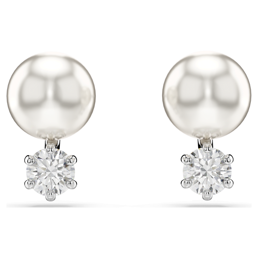 swarovski matrix stud earrings  crystal pearl  round cut  white  rhodium plated
