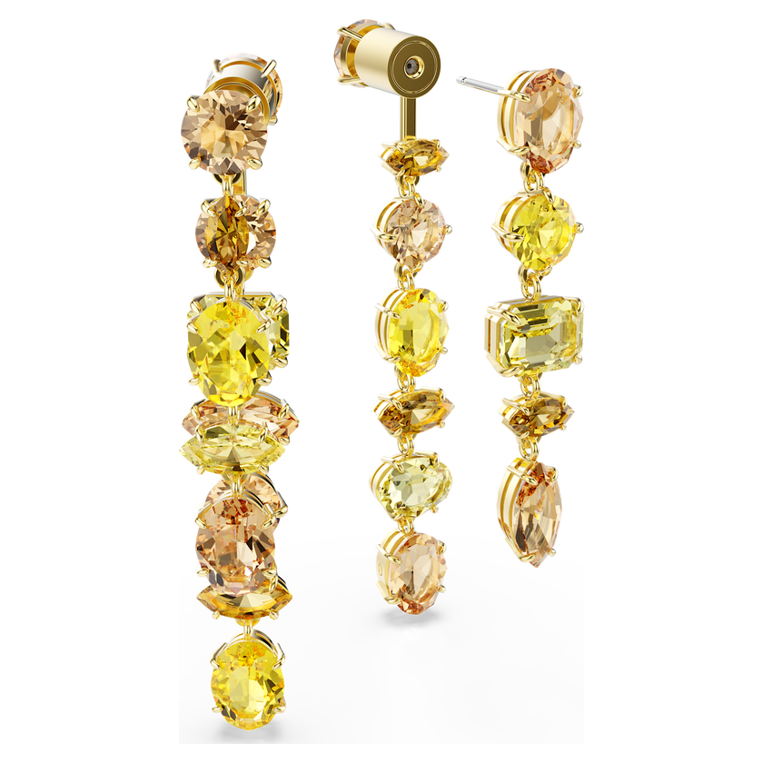 swarovski gema drop earrings  asymmetrical design  mixed cuts  long  yellow  gold tone plated