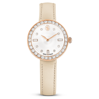swarovski ساعة يد certa، صناعة سويسرية، سوار جلد، لون وردي، لمسة نهائية بلون ذهبي وردي