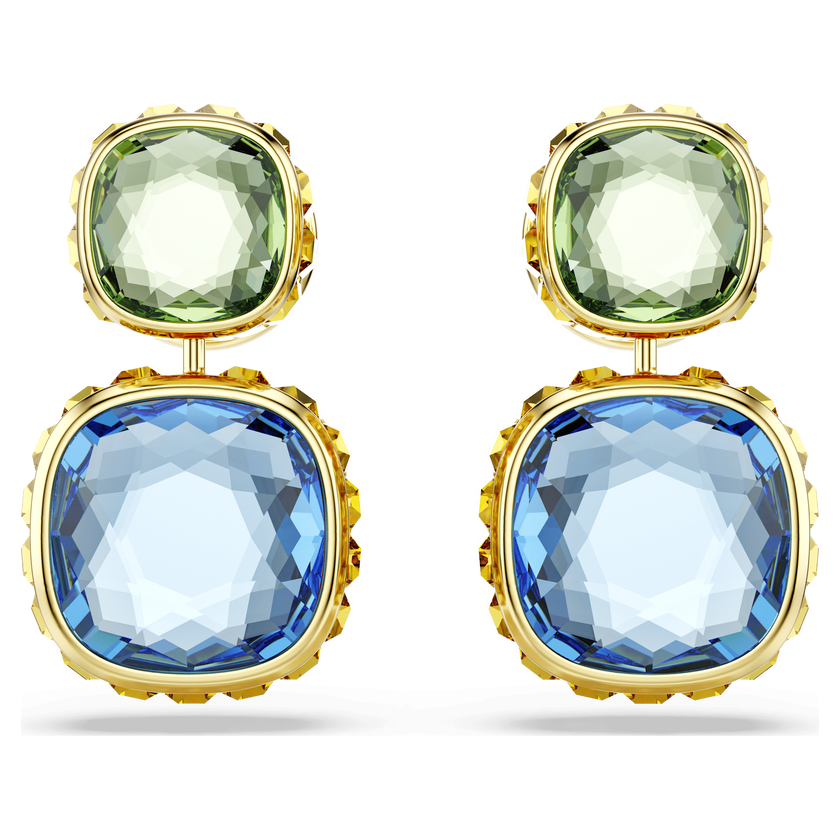 swarovski chroma drop earrings  cushion cut  multicolored  gold tone plated