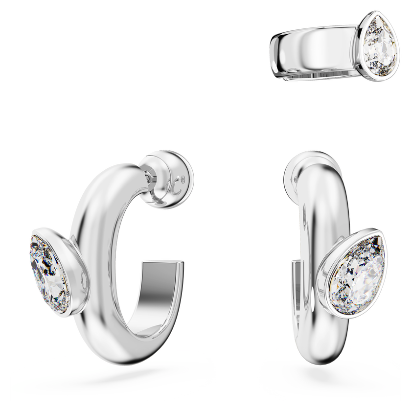 swarovski dextera hoop earrings with ear cuff  set  3   pear cut  white  rhodium plated