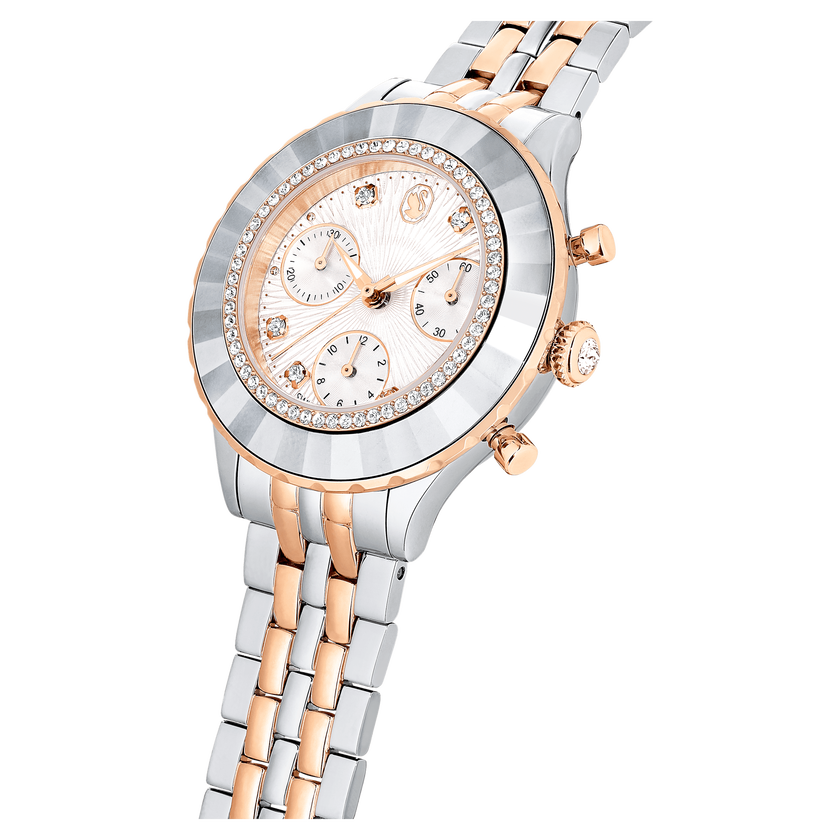 swarovski octea chrono watch  swiss made  metal bracelet  rose gold tone  mixed metal finish