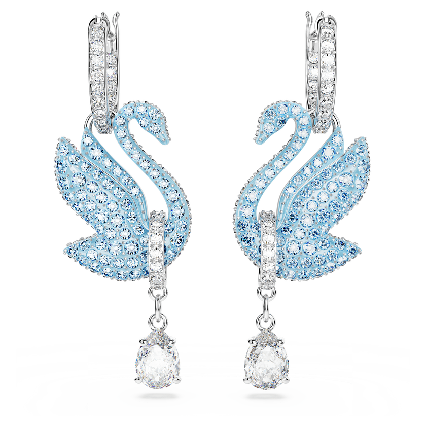 swarovski أقراط متدلية swan، على شكل بجعة، لون أزرق، طلاء روديوم