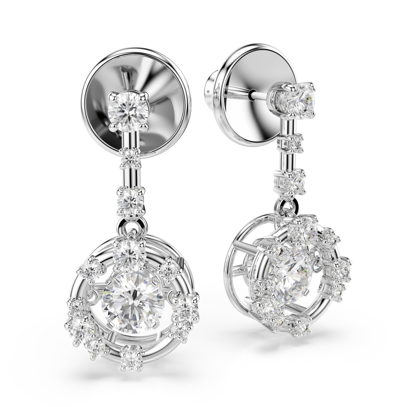 swarovski constella drop earrings  round cut  dancing stone  white  rhodium plated
