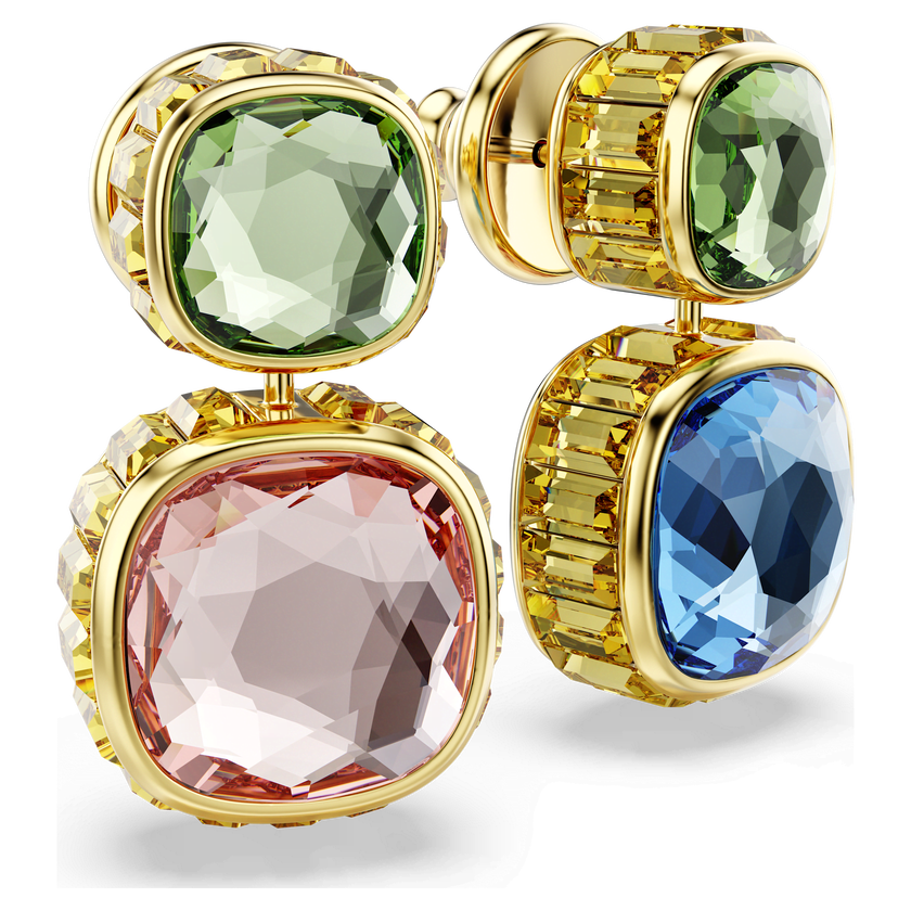swarovski chroma drop earrings  cushion cut  multicolored  gold tone plated