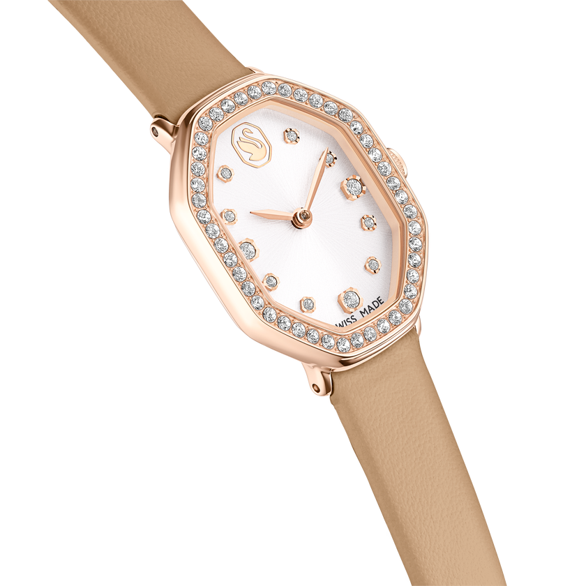 swarovski dextera octagon watch  swiss made  leather strap  brown  rose gold tone finish