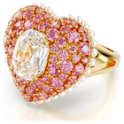 Hyperbola cocktail ring, Octagon cut, Crystal pearls, Heart, Pink, Gold-tone plated
