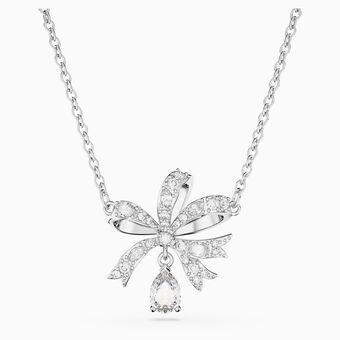 Volta necklace, Bow, Small, White, Rhodium plated