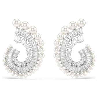 أقراط متدلية ariana grande x swarovski، لؤلؤة كريستال، قطع باغيت، لون أبيض، طلاء روديوم