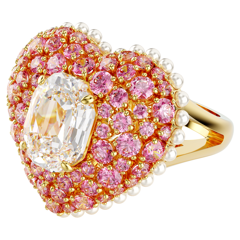 swarovski idyllia cocktail ring  octagon cut  crystal pearls  heart  pink  gold tone plated