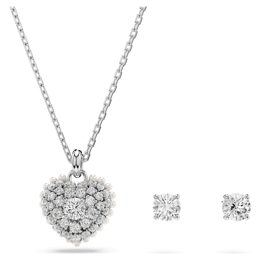 swarovski hyperbola set  crystal pearl  heart  white  rhodium plated