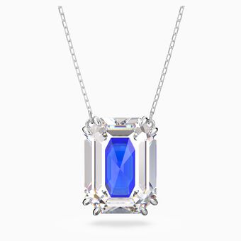 Chroma pendant, Octagon cut crystal, Blue, Rhodium plated