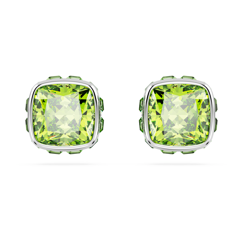 swarovski birthstone stud earrings  square cut  august  green  rhodium plated