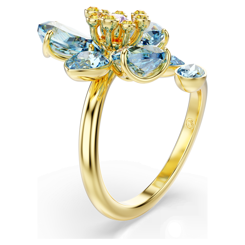 swarovski خاتم مفتوح idyllia، قطع متنوع، شكل زهرة، لون أزرق، طلاء باللون الذهبي