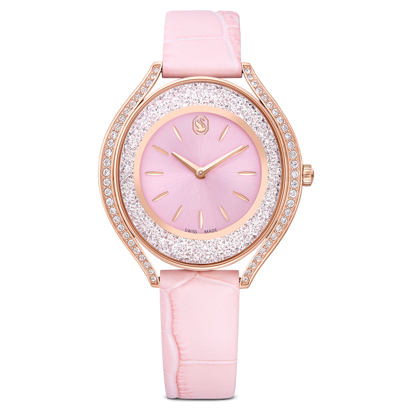 swarovski crystalline aura watch  swiss made  leather strap  pink  rose gold tone finish