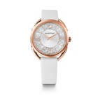 Crystalline Glam Watch, Leather Strap, White, Rose gold tone