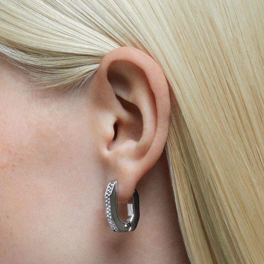 swarovski dextera hoop earrings  octagon shape  small  white  rhodium plated