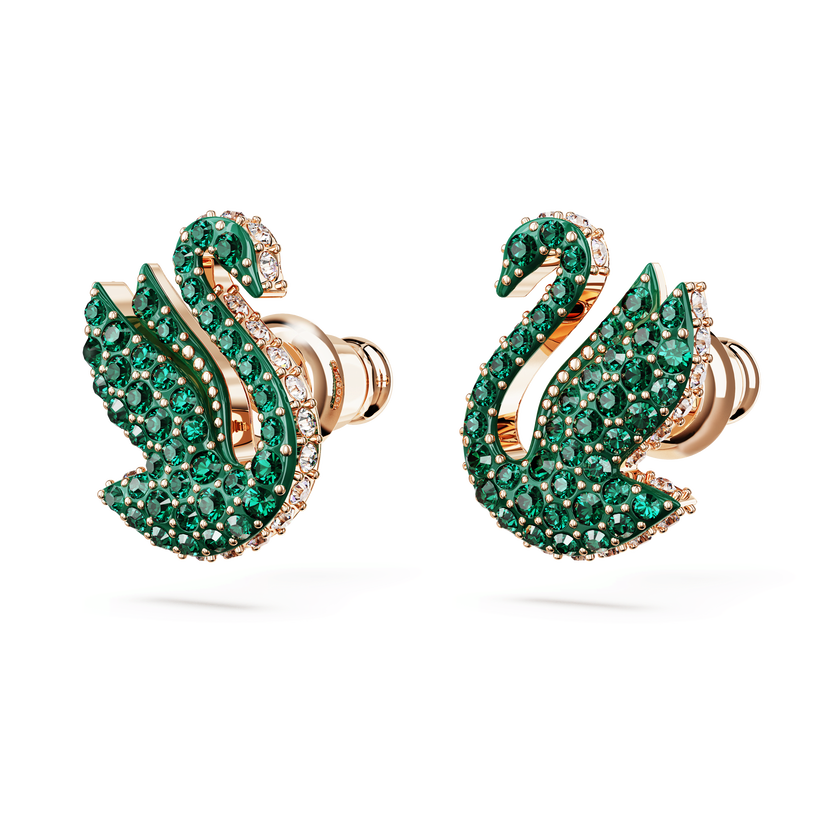 swarovski أقراط دبوسية swan، على شكل بجعة، لون أخضر، طلاء بلون ذهبي وردي