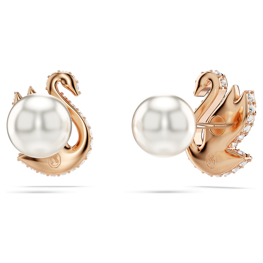 swarovski swan stud earrings  crystal pearl  swan  black  rose gold tone plated