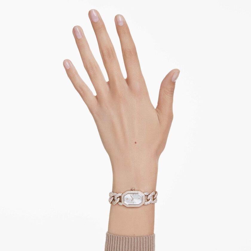 swarovski ساعة dextera chain، صناعة سويسرية، سوار كريستال، لون أبيض، لمسة نهائية بلون ذهبي شامبين
