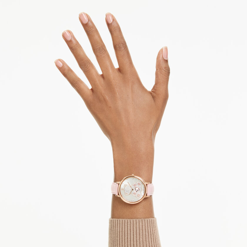 swarovski ساعة teddy، صناعة سويسرية، سوار جلد، لون وردي، لمسة نهائية بلون ذهبي وردي