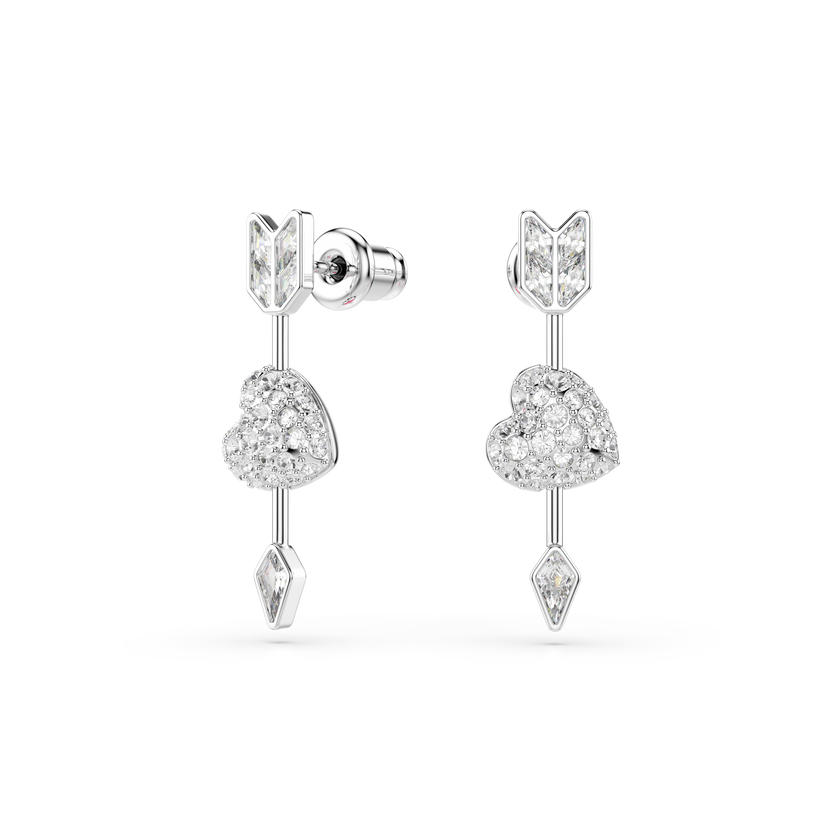 swarovski idyllia drop earrings  mixed cuts  heart with arrow  white  rhodium plated
