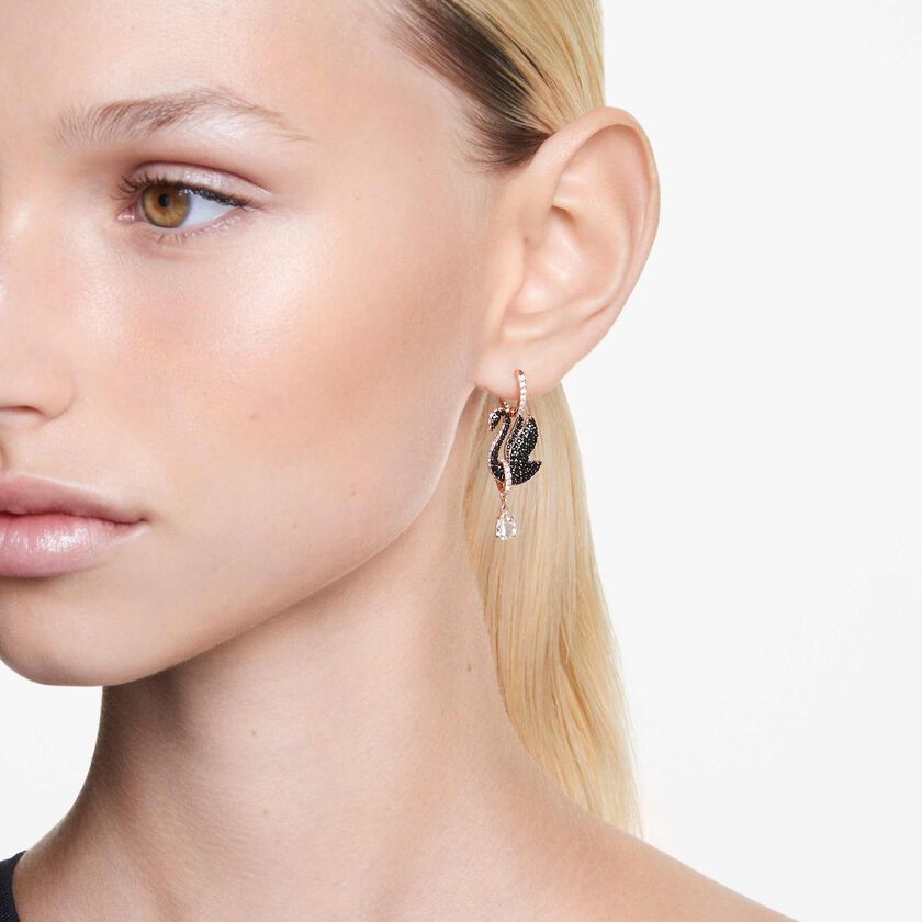 swarovski swan drop earrings  swan  black  rose gold tone plated