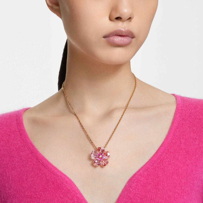 swarovski عقد idyllia، على شكل زهرة، لون وردي، طلاء بلون ذهبي