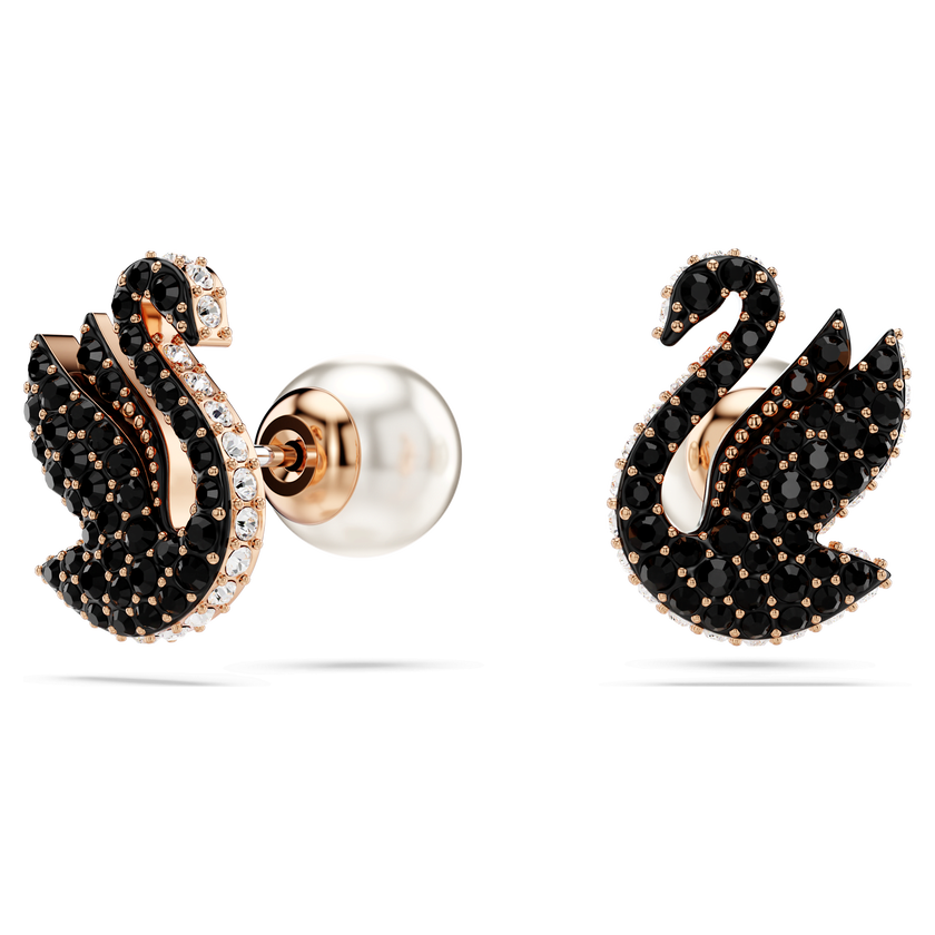swarovski swan stud earrings  crystal pearl  swan  black  rose gold tone plated
