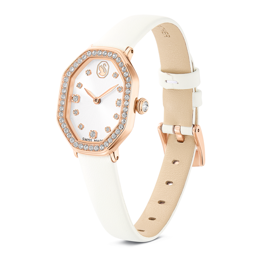 swarovski ساعة dextera octagon، صناعة سويسرية، سوار جلد، لون أبيض، لمسة نهائية بلون ذهبي وردي