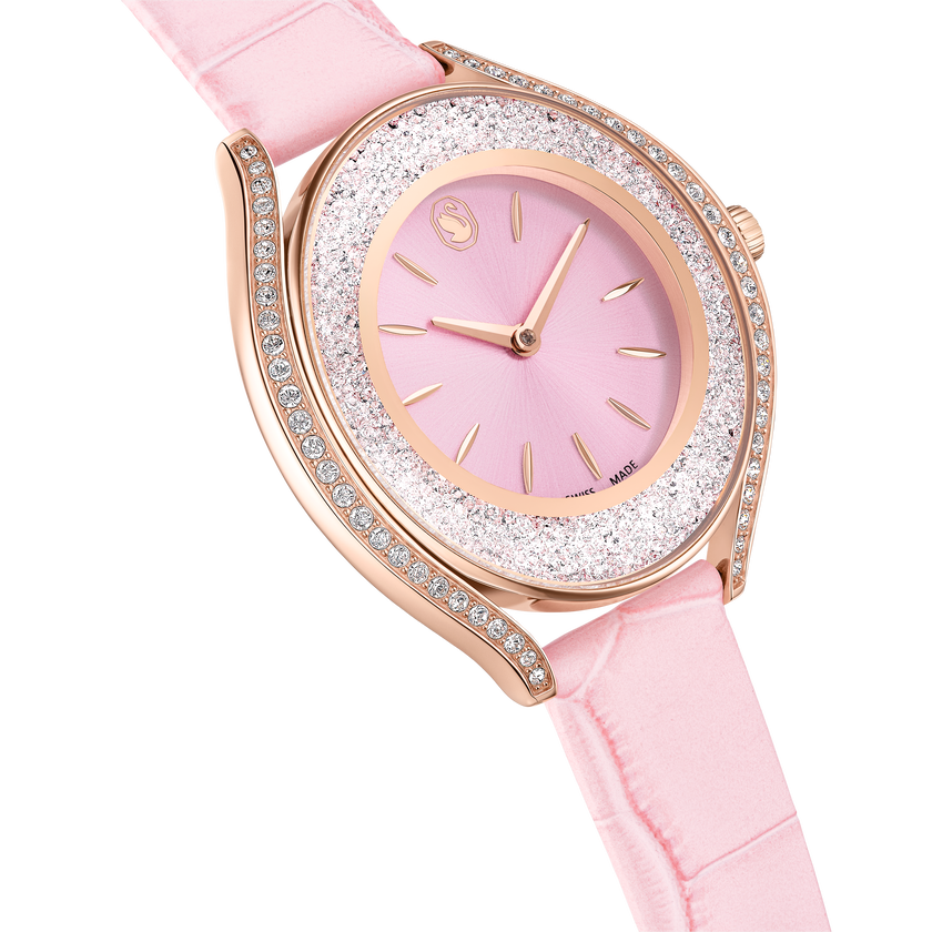 swarovski crystalline aura watch  swiss made  leather strap  pink  rose gold tone finish