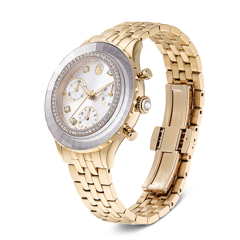swarovski ساعة octea chrono، صناعة سويسرية، سوار معدني، لون ذهبي، لمسة نهائية بلون ذهبي شامبين