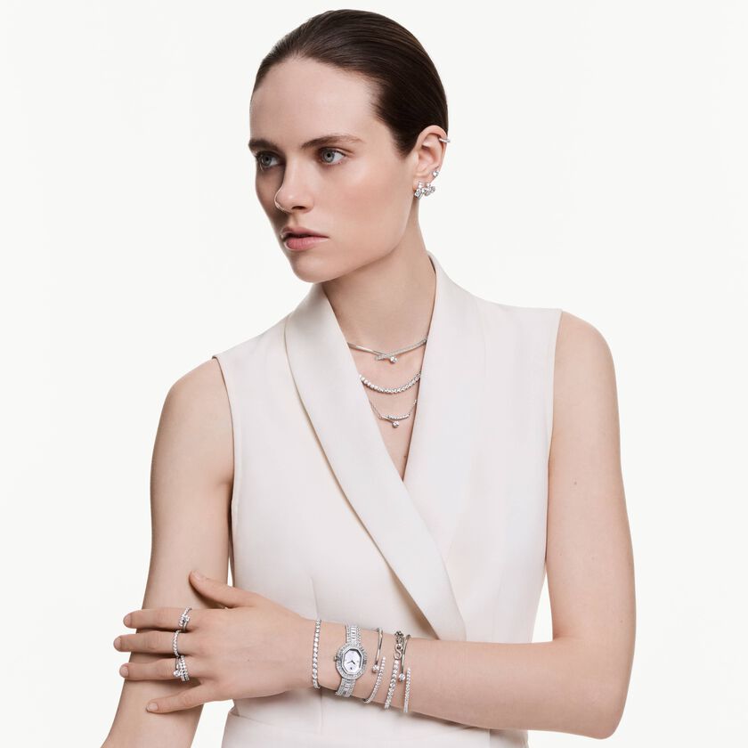 swarovski matrix hoop earrings  round cut  white  rhodium plated