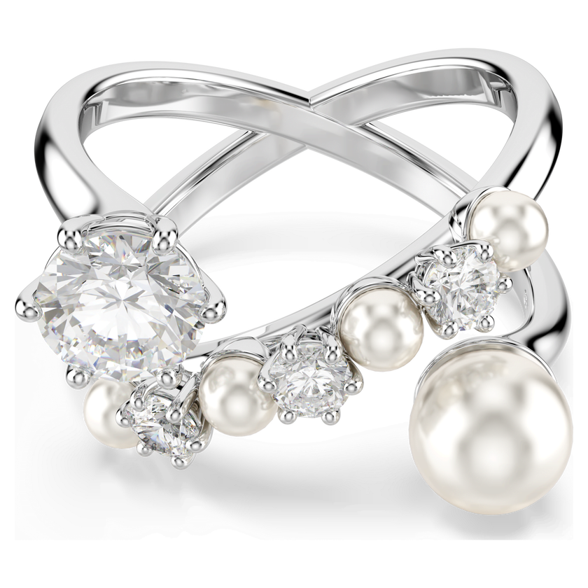 swarovski matrix cocktail ring  crystal pearl  round cut  white  rhodium plated