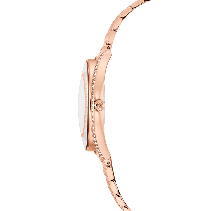 swarovski ساعة crystalline aura، صناعة سويسرية، سوار معدني، لون ذهبي وردي، لمسة نهائية بلون ذهبي وردي