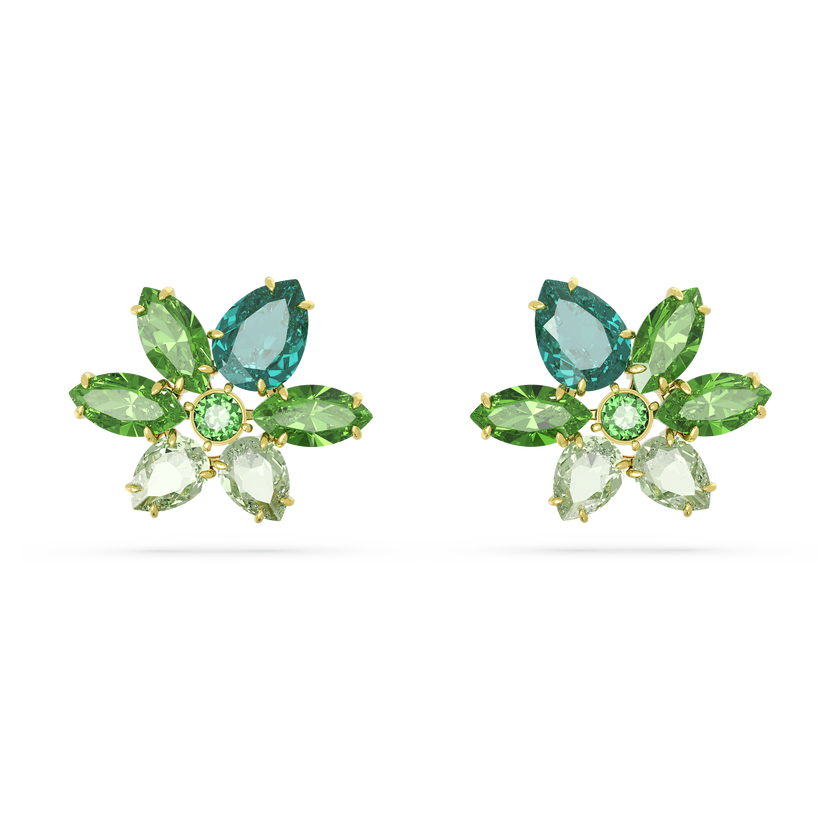 swarovski gema stud earrings  mixed cuts  flower  green  gold tone plated