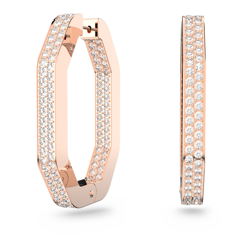 Dextera hoop earrings, Octagon, Pavé crystals, White, Rose-gold tone plated