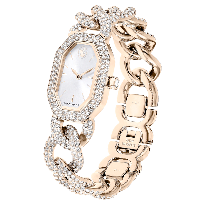swarovski ساعة dextera chain، صناعة سويسرية، سوار كريستال، لون أبيض، لمسة نهائية بلون ذهبي شامبين